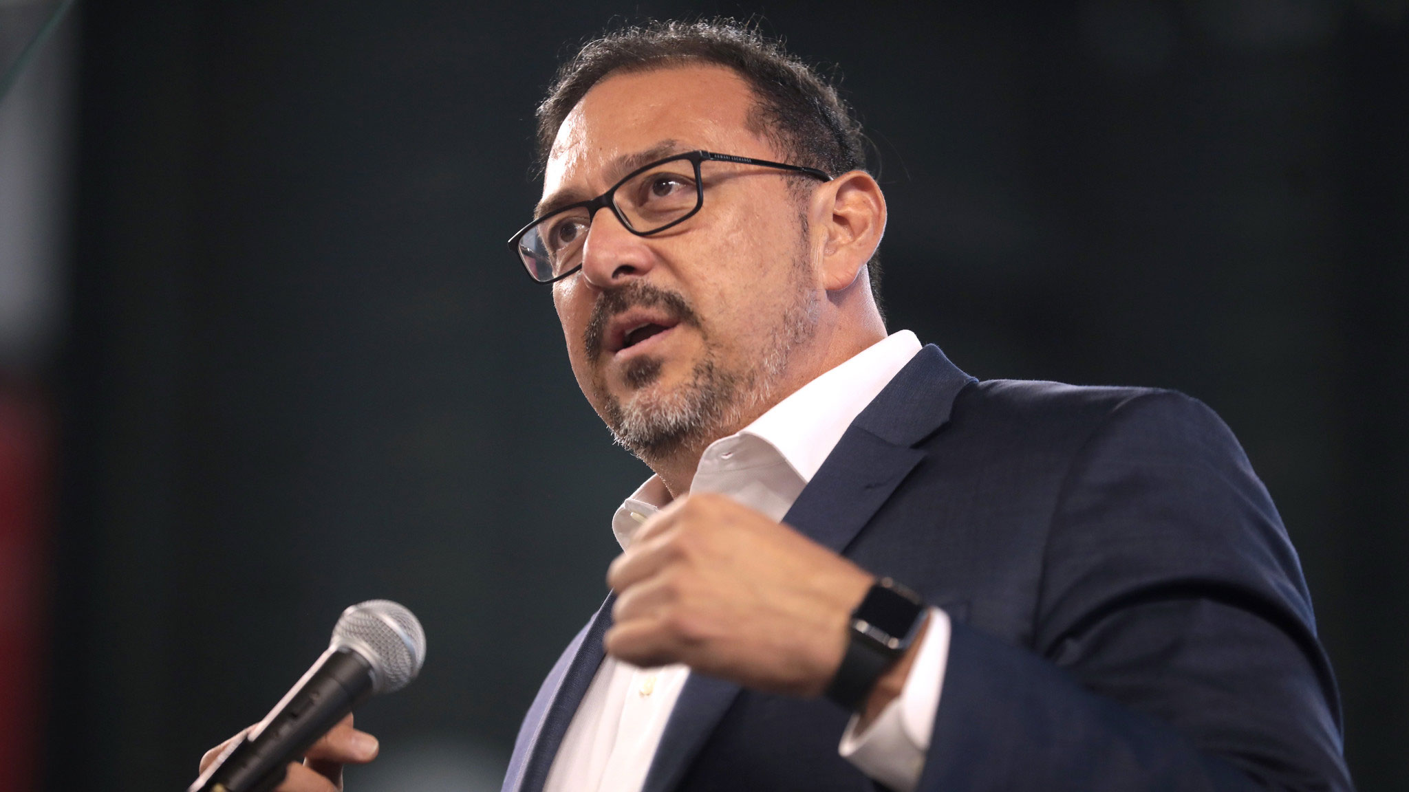 Arizona Secretary of State Adrian Fontes speaking with attendees at the 2023 Legislative Forecast Luncheon hosted by the Arizona Chamber of Commerce & Industry at Chase Field in Phoenix, Arizona.